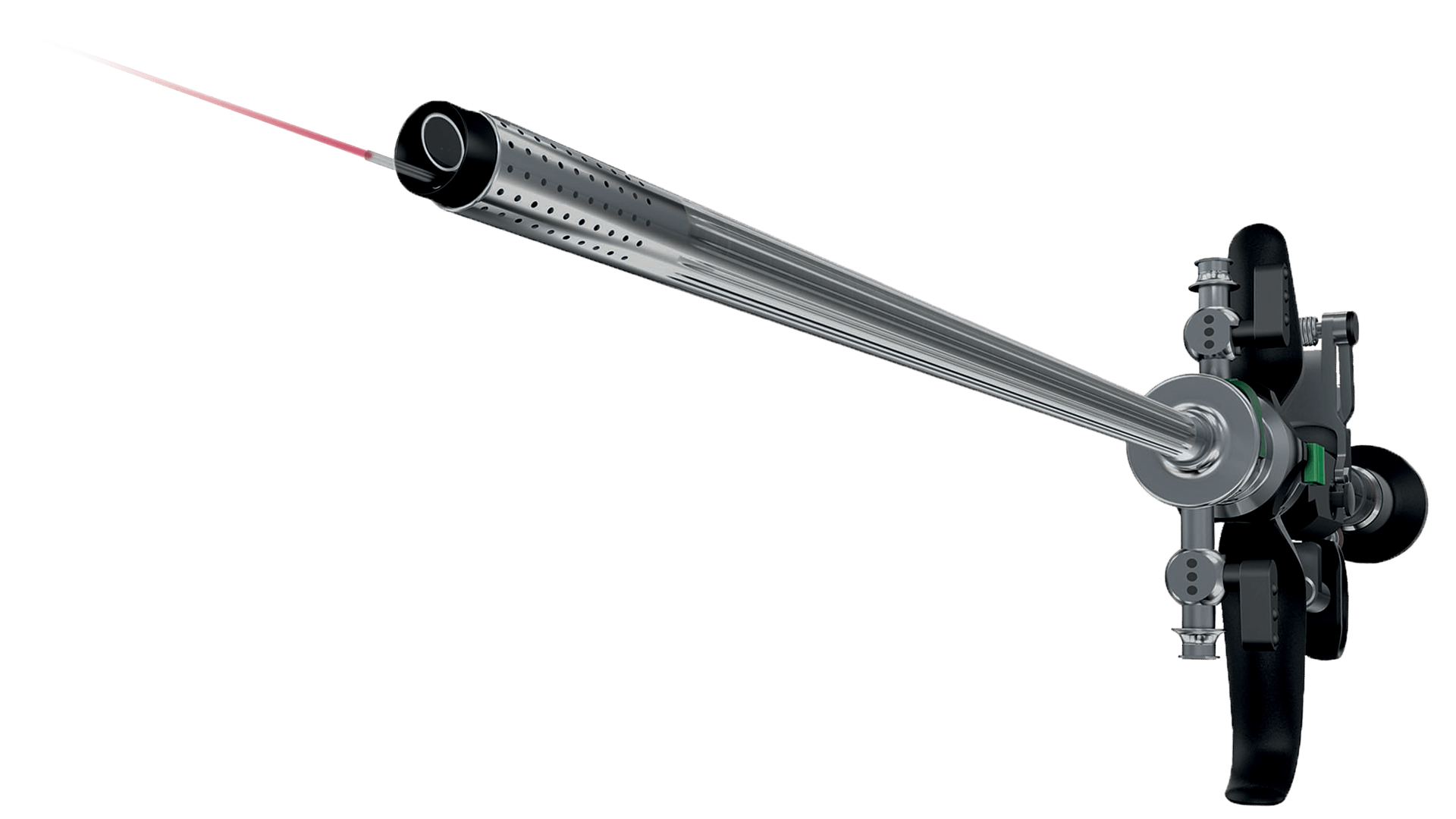 A cannon with a red light coming out of it on a white background.