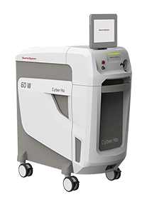 A white and gray machine with wheels and a monitor on top of it.