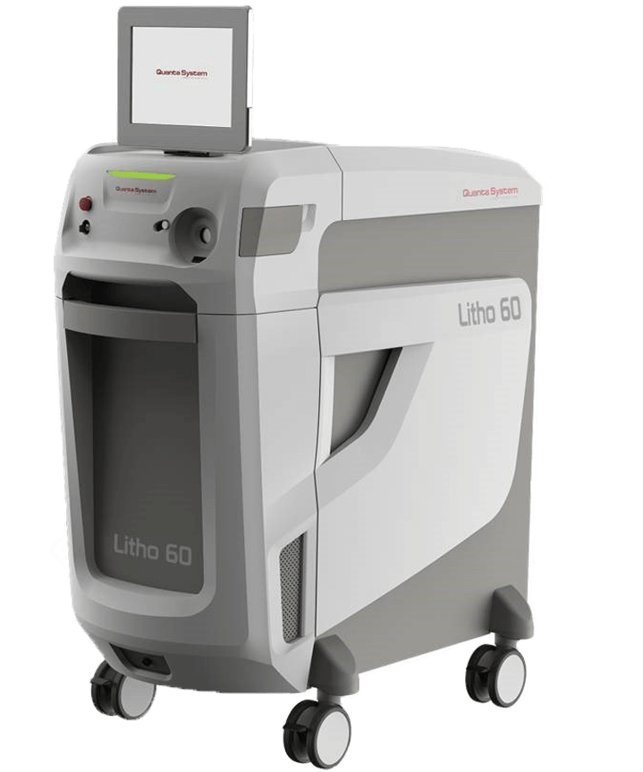 A gray and white machine with wheels and a monitor on top of it.