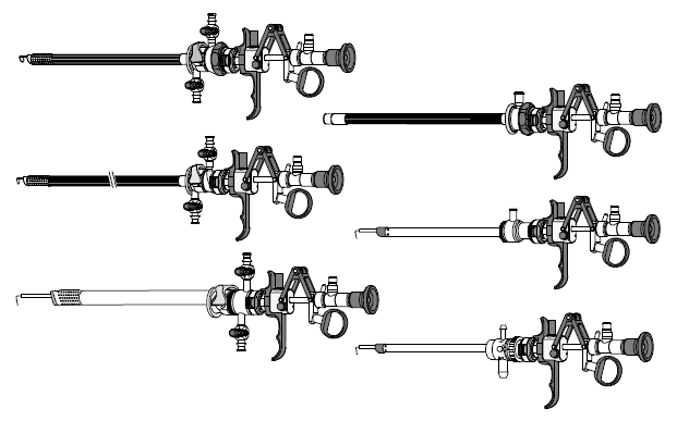 A black and white drawing of a set of surgical instruments on a white background.