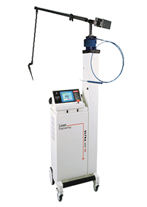 A white machine with a blue hose attached to it on a white background.