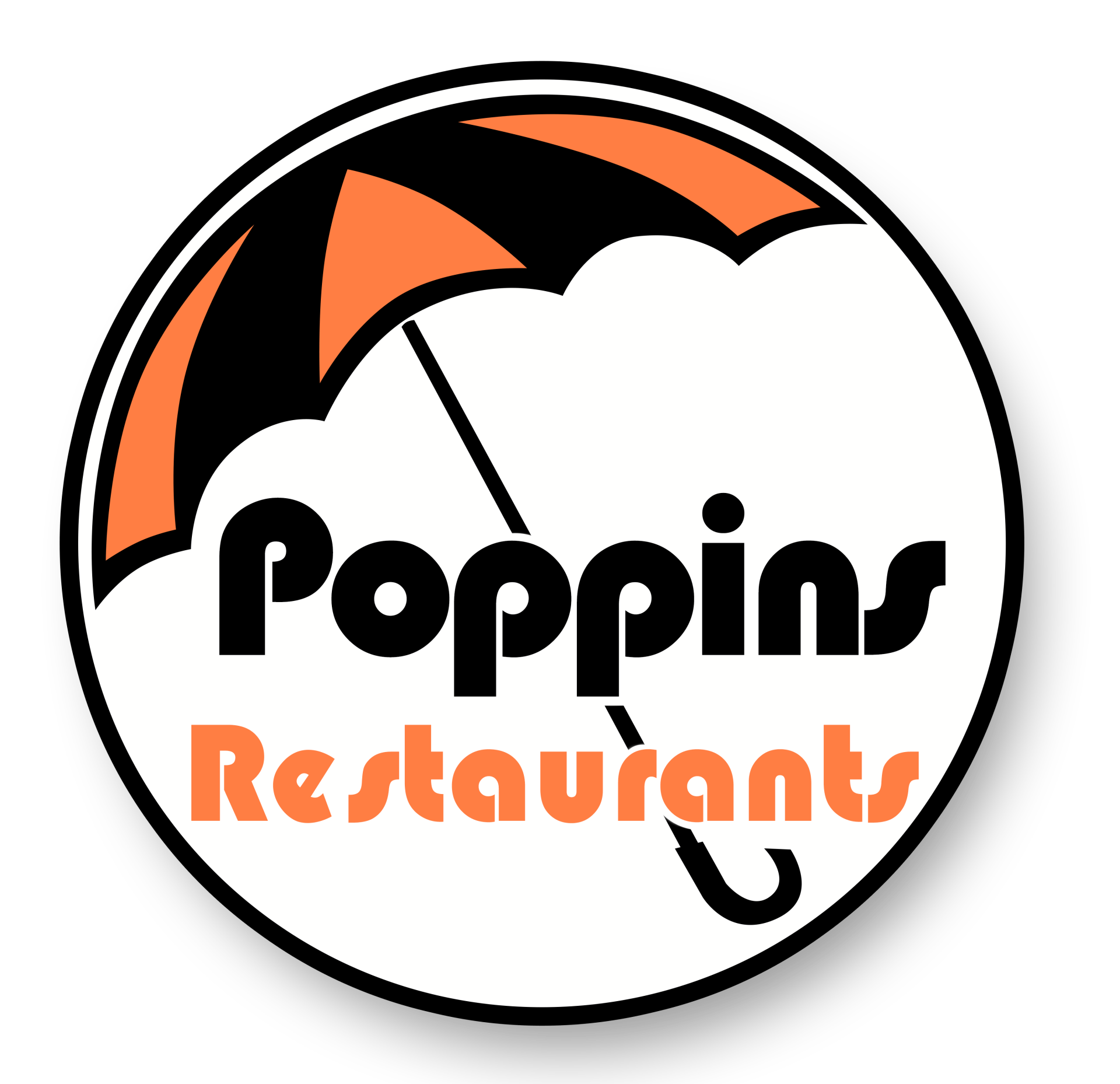 Poppins Restaurants logo with black and orange text under a stylized umbrella icon