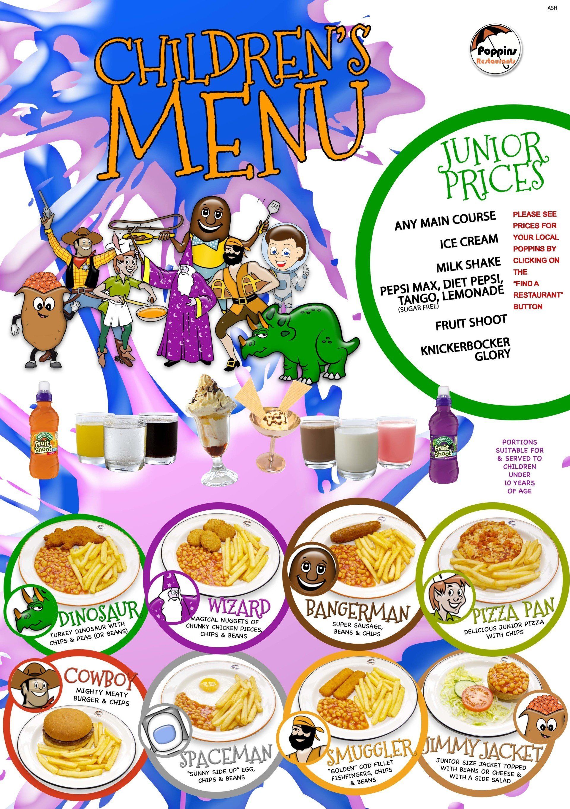 Colorful children’s menu flyer with cartoon drinks, burgers, and meal options, including “Lunch Prices.”
