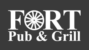 The logo for fort pub and grill is white on a black background.