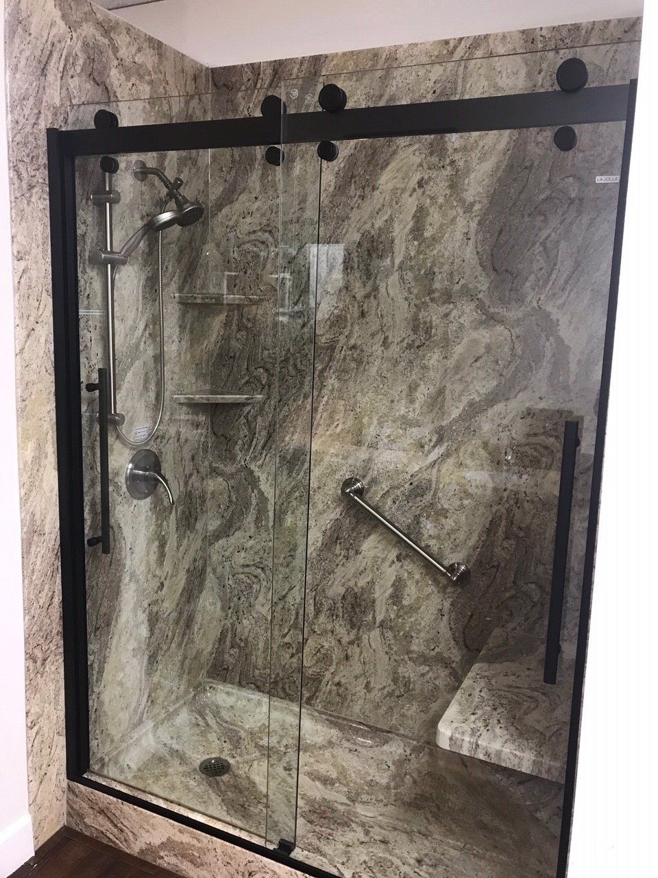 Juparana  Granite Shower Wall Base with  Adjustable Shower Head Grab Bar Seat