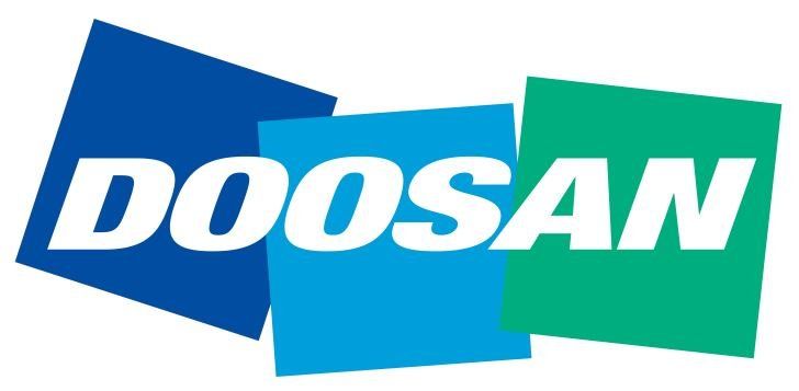 The doosan logo is blue and green and has three squares in it.