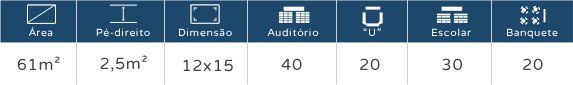 Faixa infográfica azul com seis ícones brancos e estatísticas: 61 m², 2,5 m, 12x15, 40, 20, 30, 20