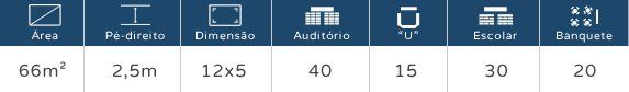 Tabela infográfica azul mostrando as características da sala: 66㎡, pé direito de 2,5m, dimensões de 12×5, 40 lugares sentados, acessível, 30 lugares em pé, 20 lugares para banquete.