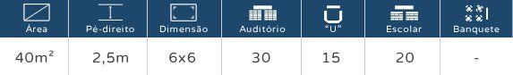 Infográfico azul com ícones e legendas: área de 40m², altura de 2,5m, layout 6x6, 30 lugares, 15, 20.
