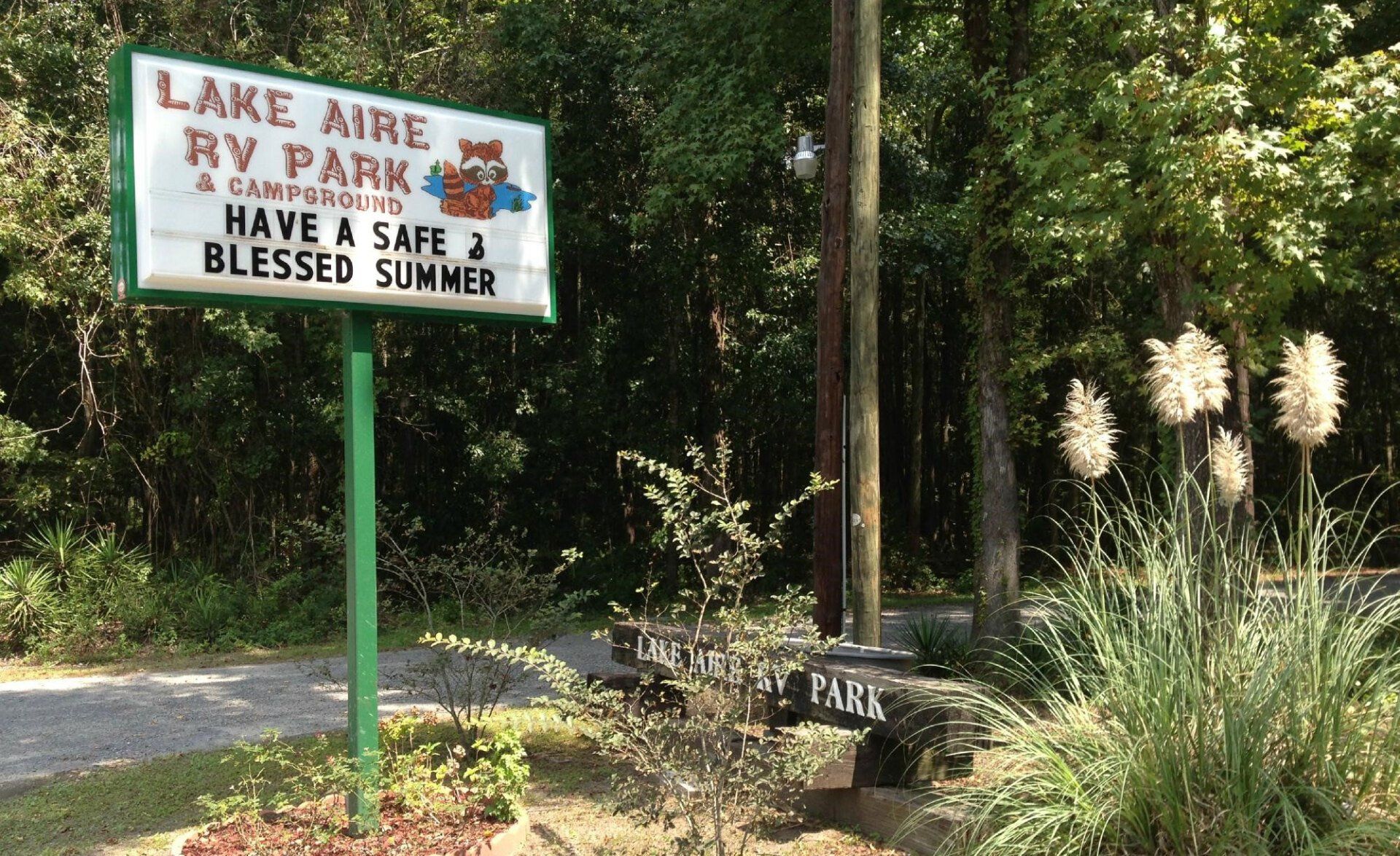 Sign for Lake Aire RV Park with text: 