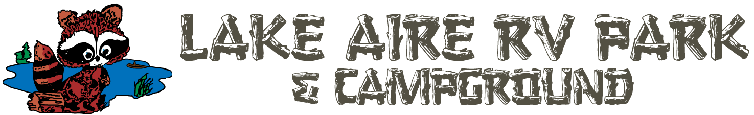 Logo of Lake Aire RV Park & Campground with cartoon raccoon.