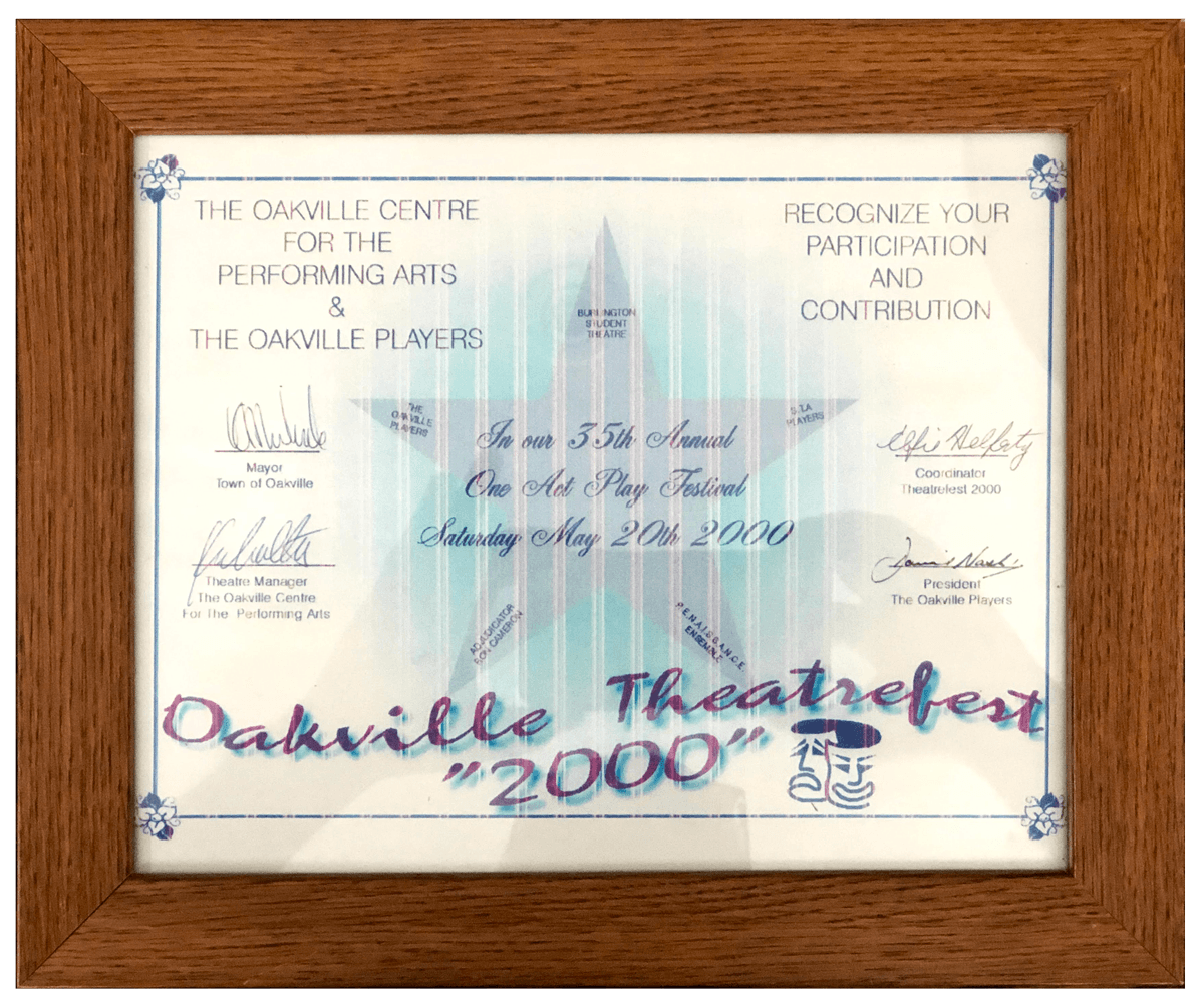 Framed certificate for Oakville Theatrefest