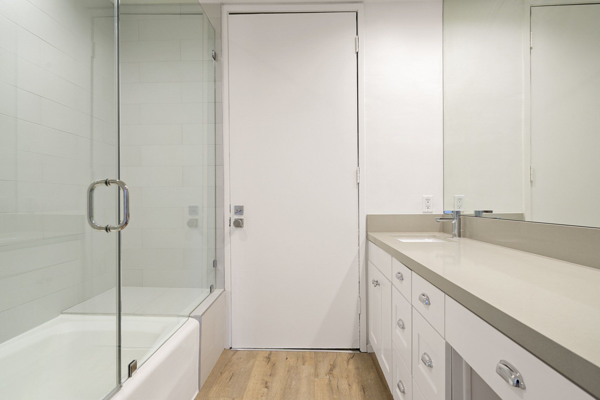 Interior view of bathroom sink and shower