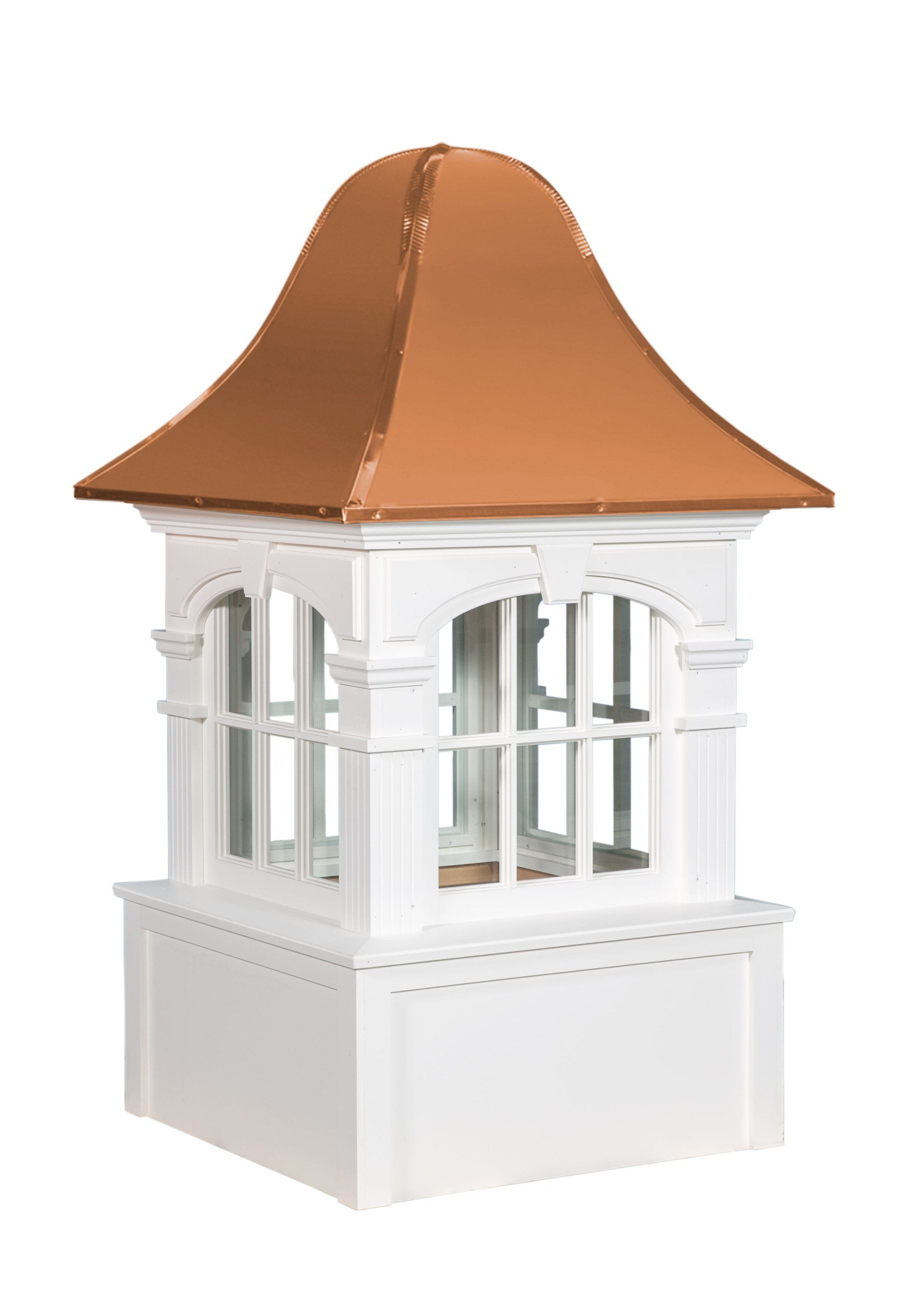 A white gazebo with a copper roof on a white background.