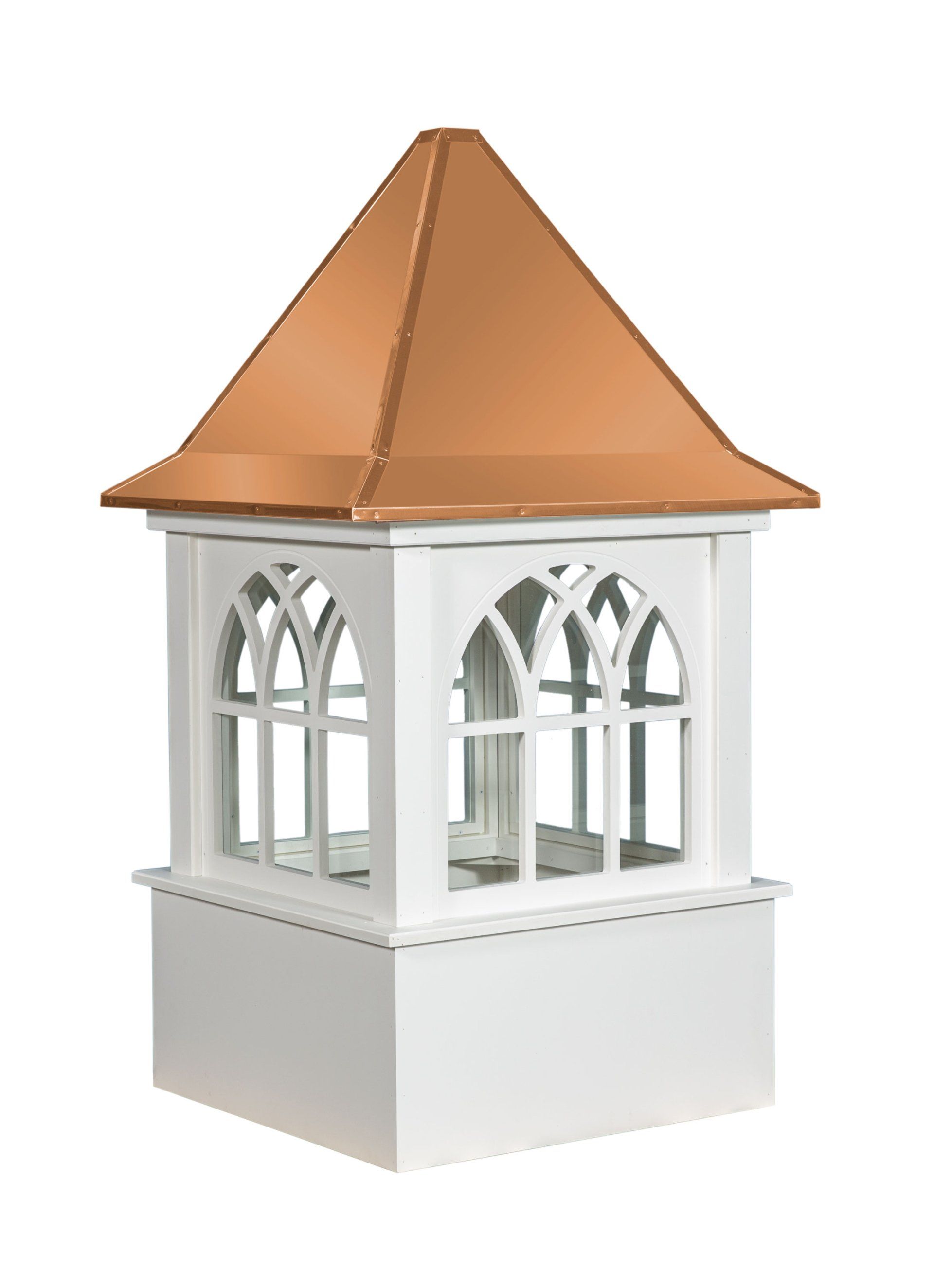 A white gazebo with a copper roof on a white background.