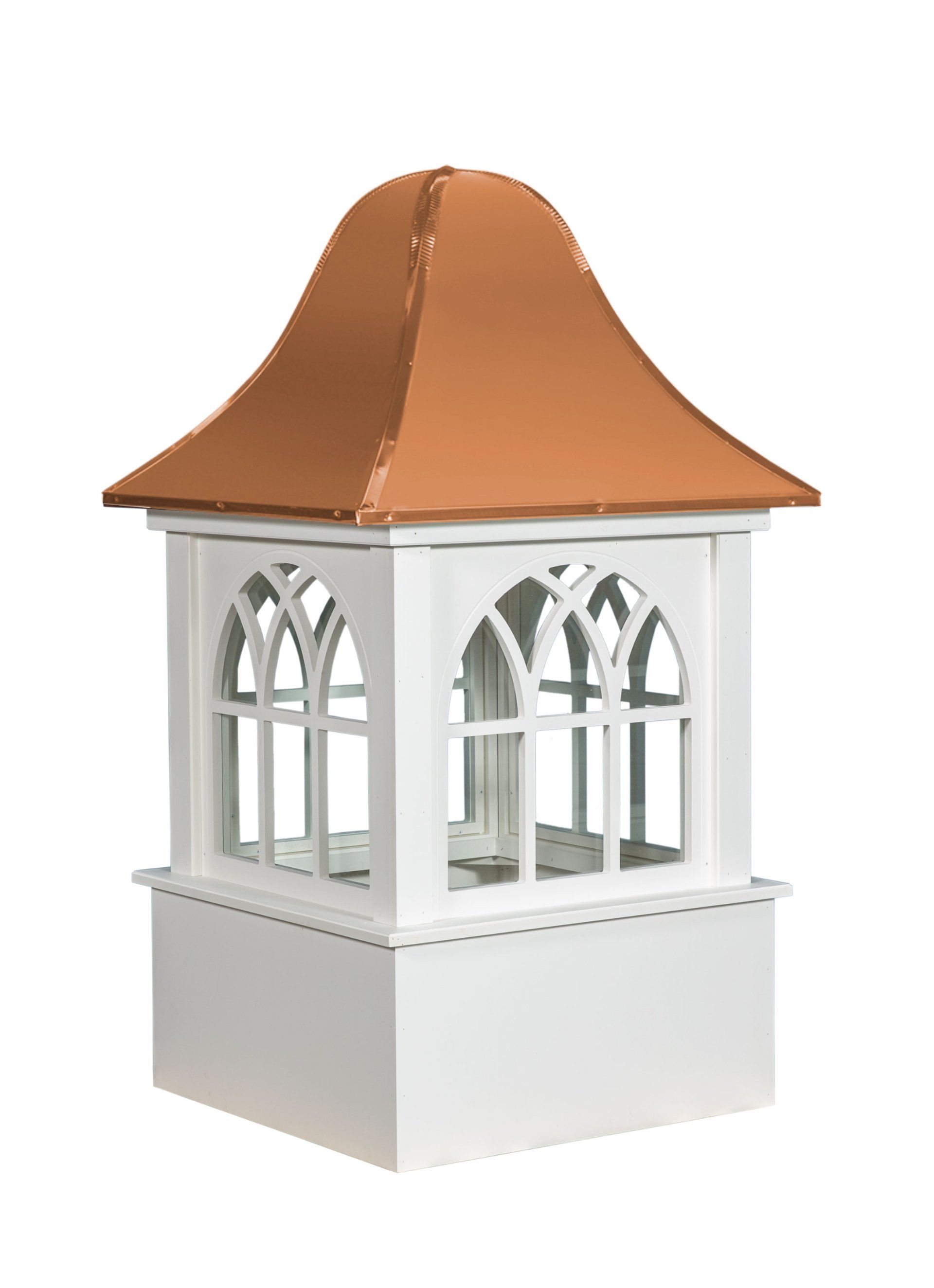 A white gazebo with a copper roof on a white background.