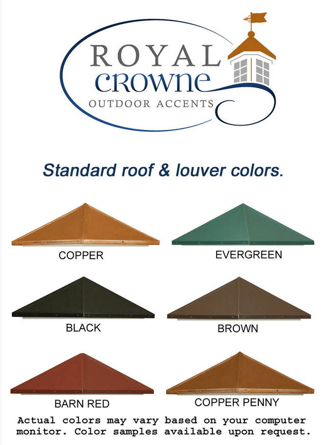 A poster for royal crowne outdoor accents showing standard roof and louver colors.