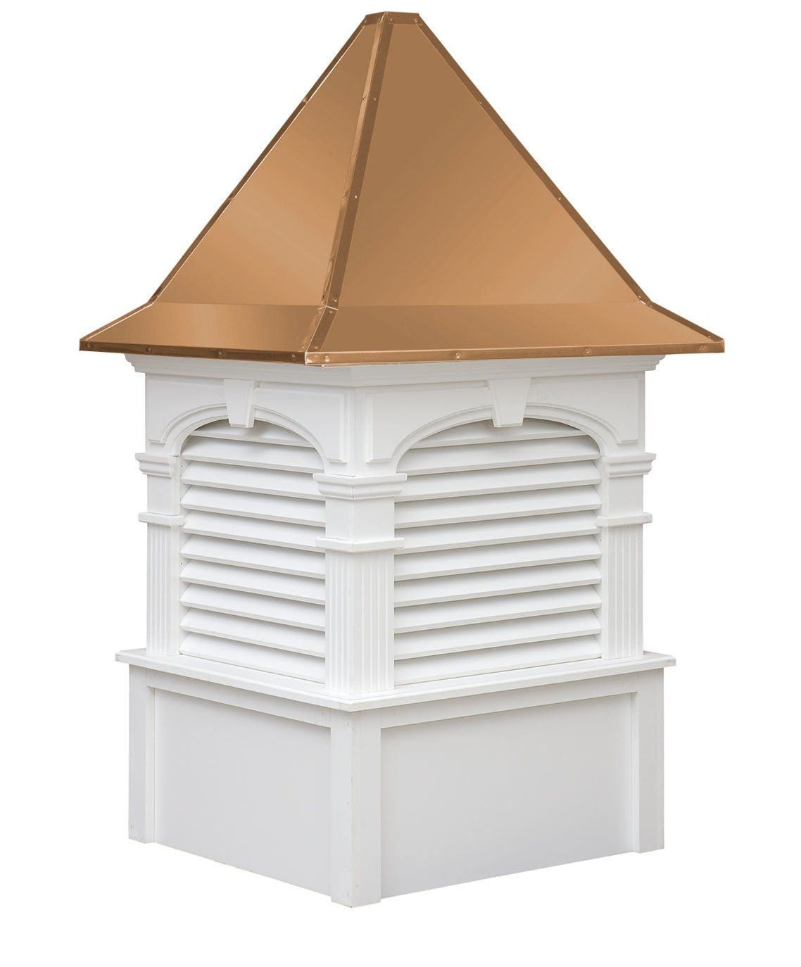 A white building with a copper roof