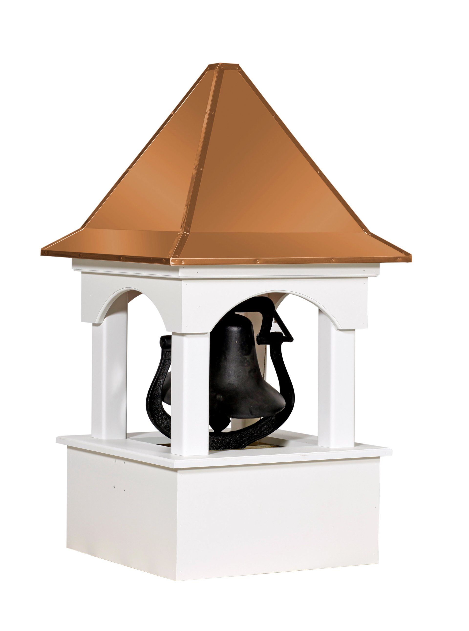 A bell on top of a white building with a copper roof.