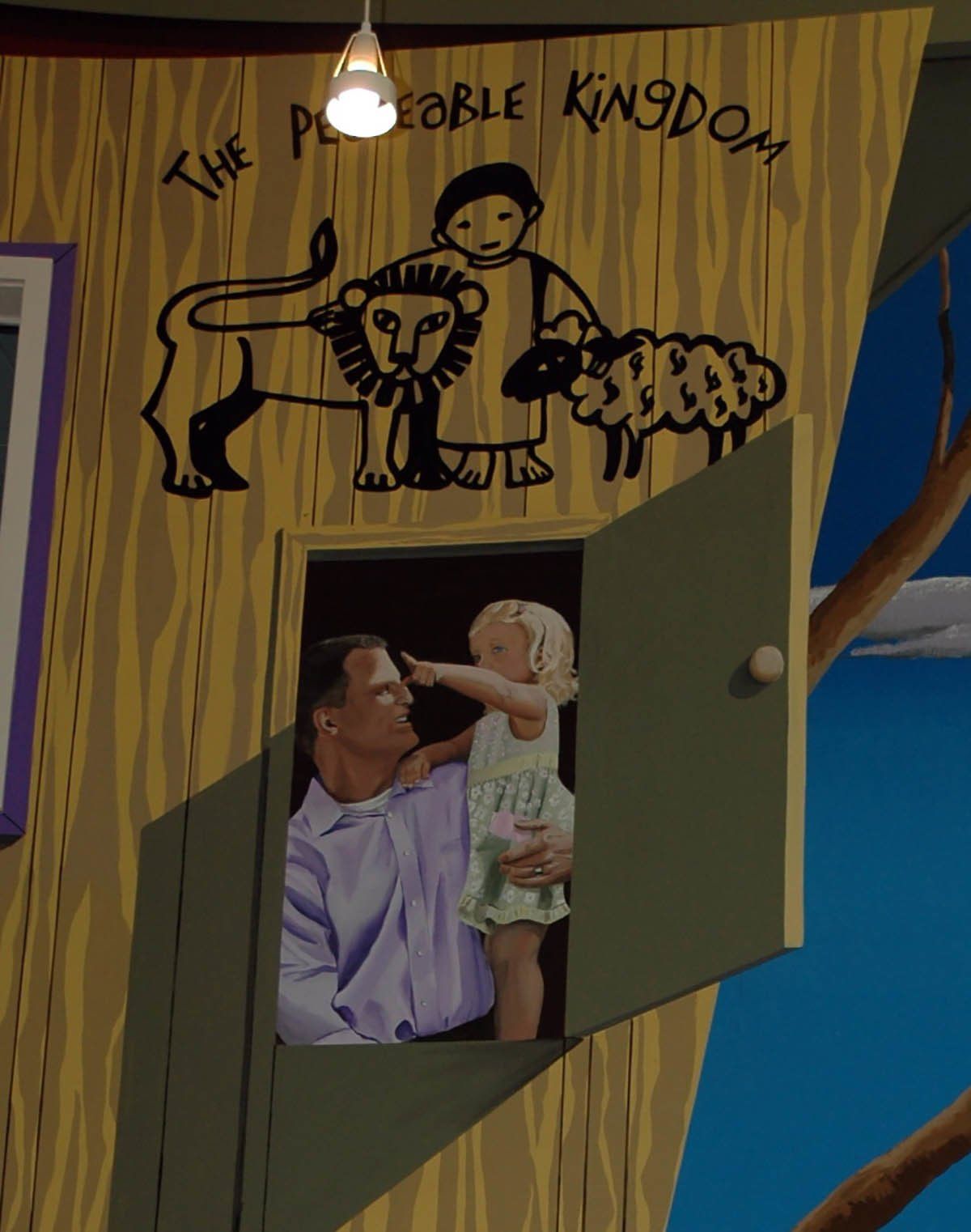 A painting of a man holding a little girl in a tree house