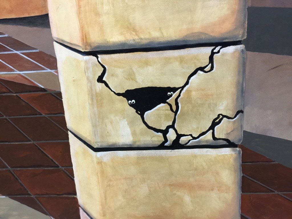 A painting of a pillar with cracks in it