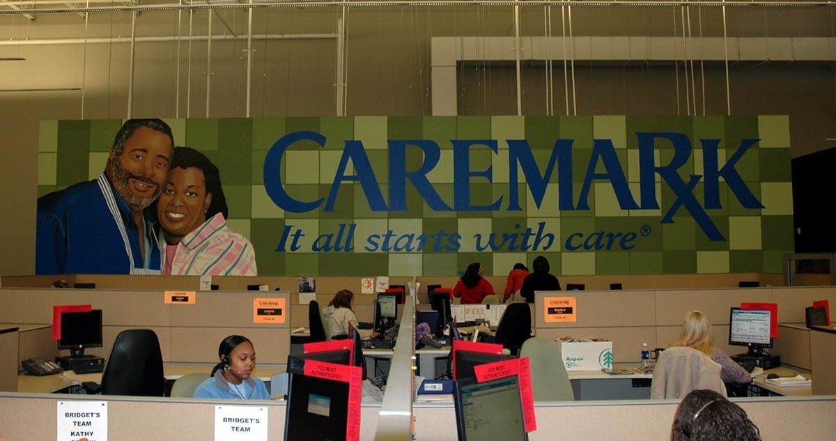 An office with a large sign that says caremark