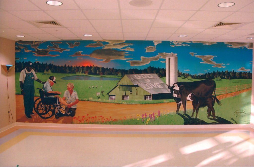 A painting of a man in a wheelchair standing next to a cow