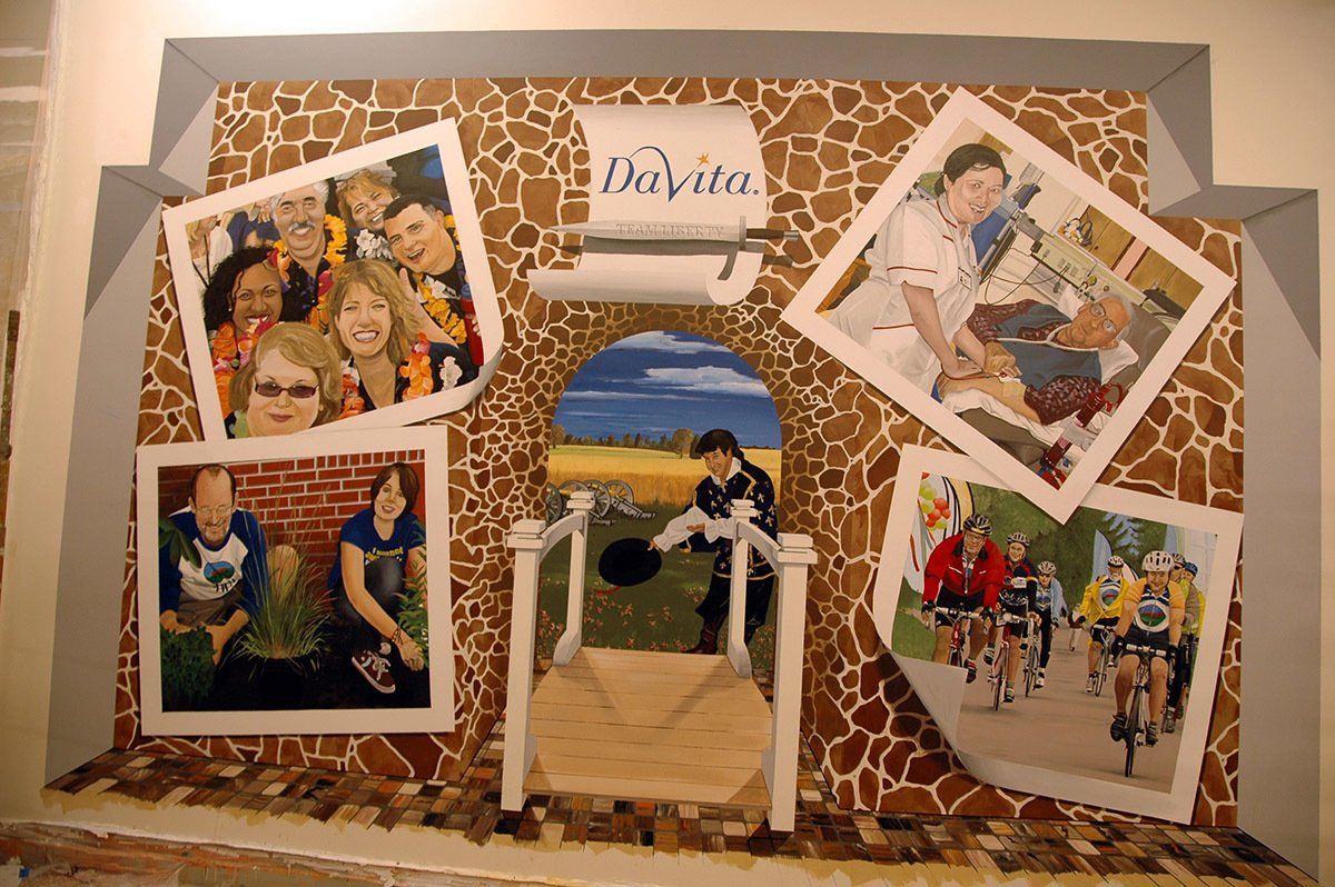 A collage of pictures on a wall that says davita