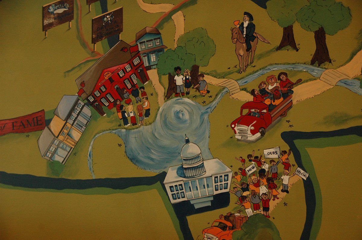 A painting of a group of people standing around a river.