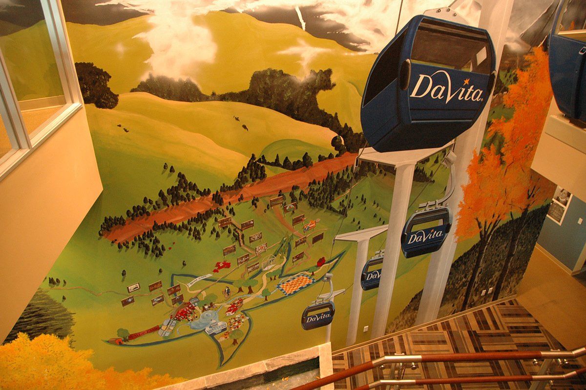 A staircase with a painting of a davia cable car on the wall
