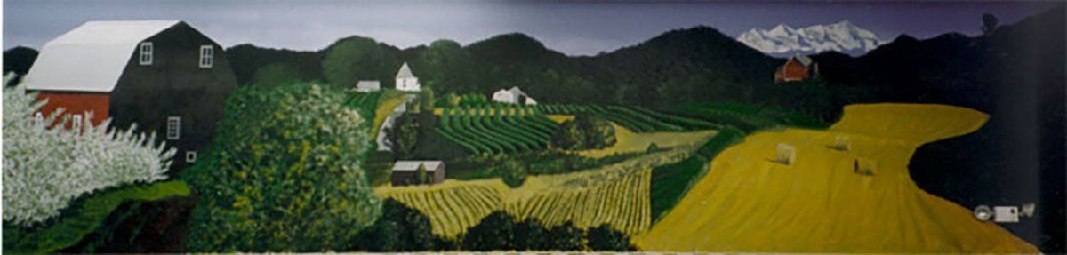 A painting of a farm with a yellow road going through it