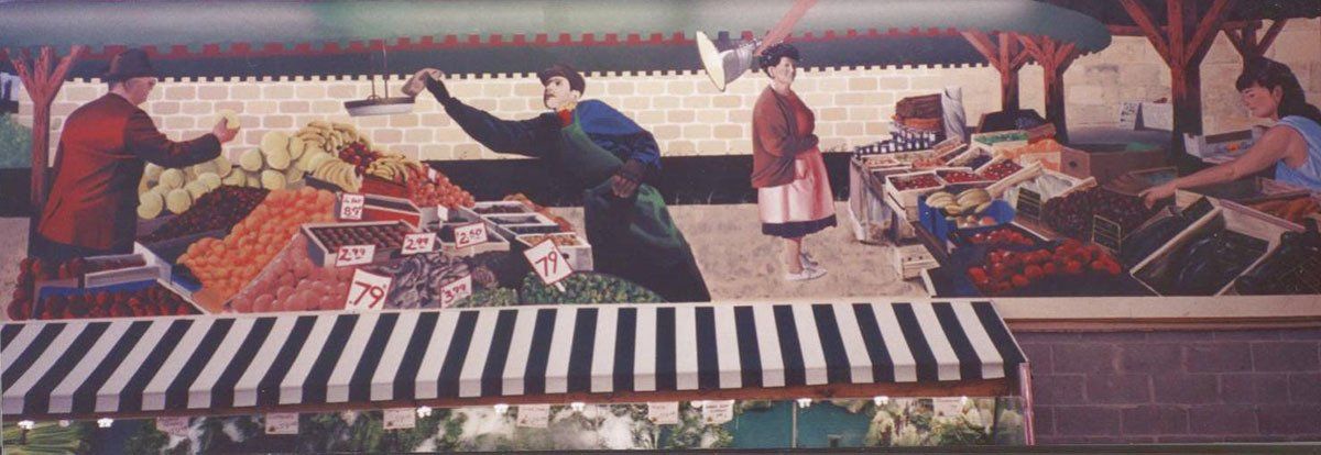 A painting of people at a market with a striped awning.