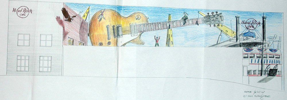 A child 's drawing of a building with a guitar on it