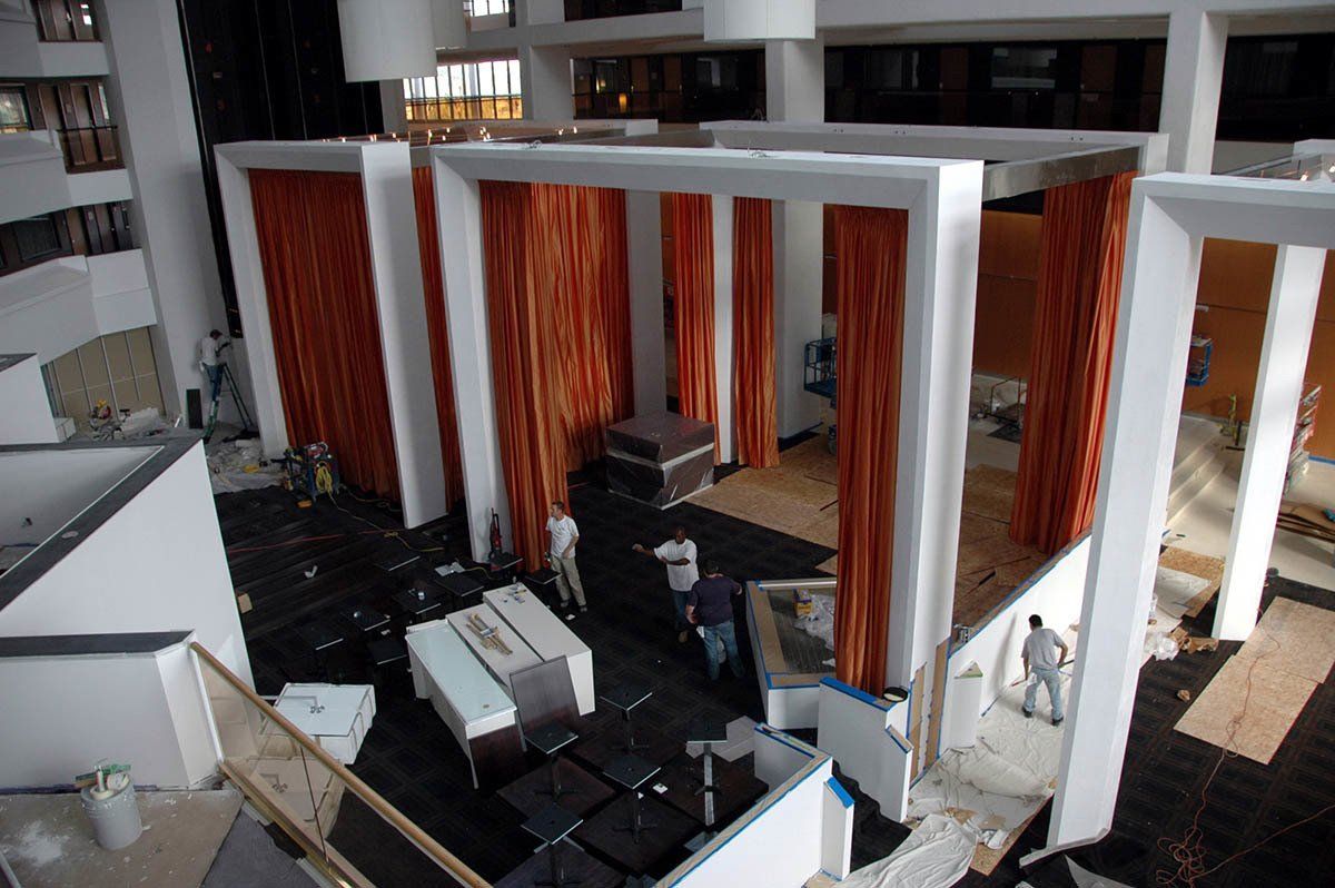 An aerial view of a large building under construction
