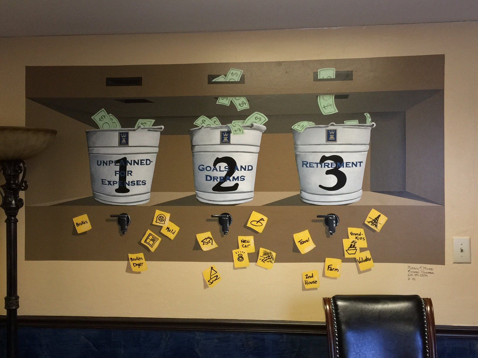 A painting of three buckets of money with the number 2 and 3 on them