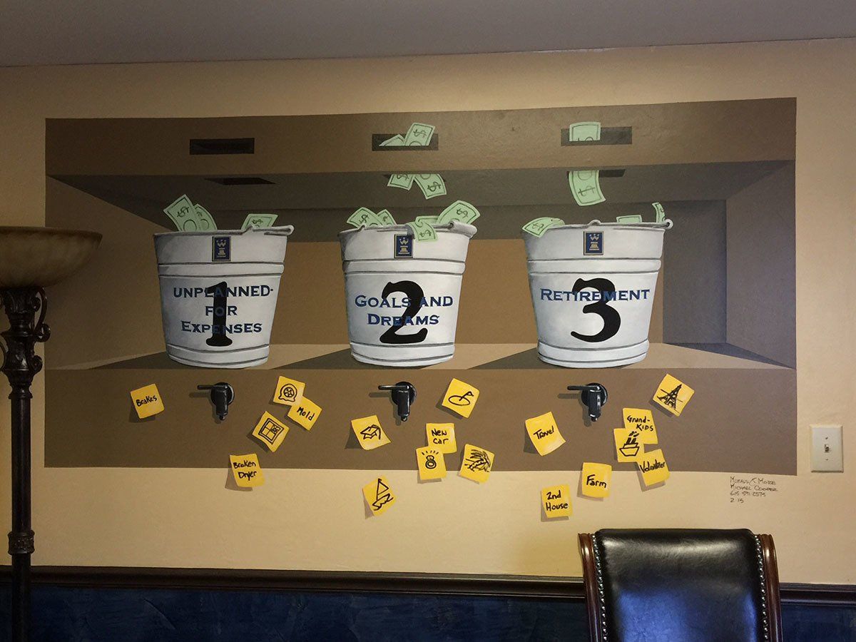 Three buckets with the numbers 1 2 and 3 on them