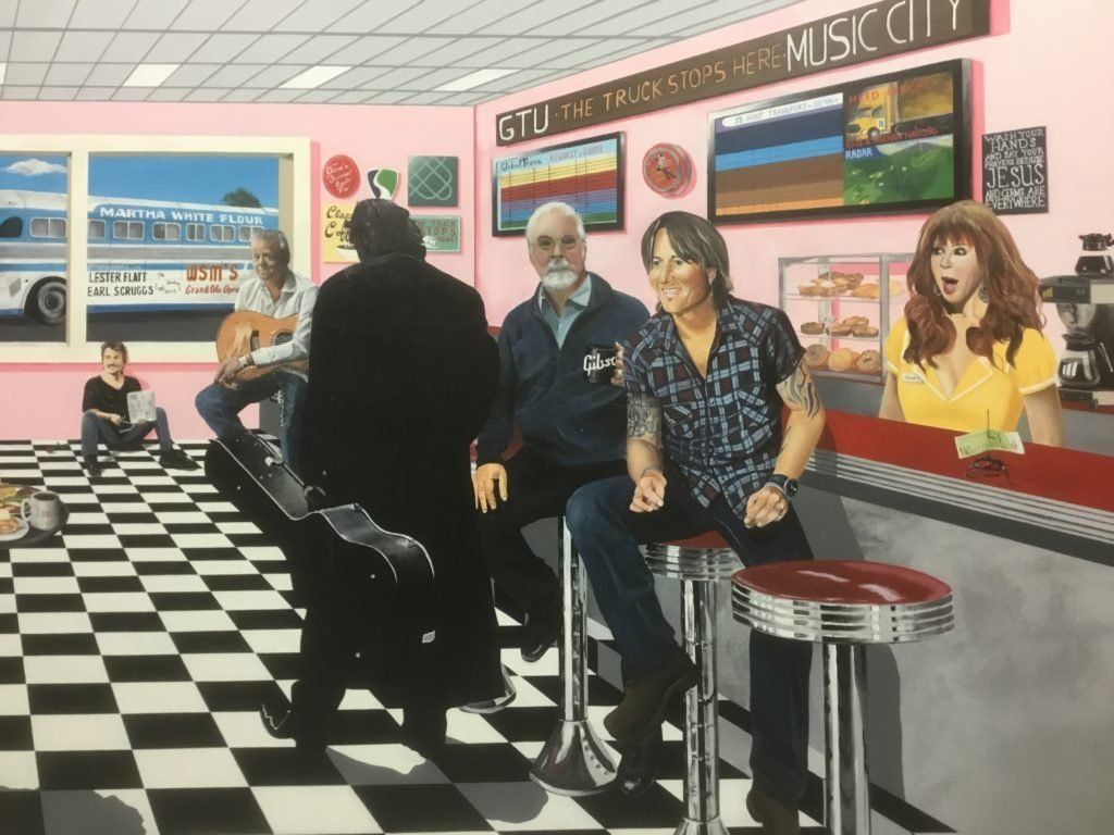 A painting of people in a diner with a sign that says music city