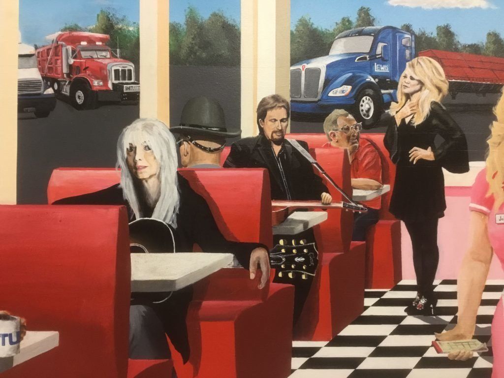 A painting of people in a diner with a truck in the background