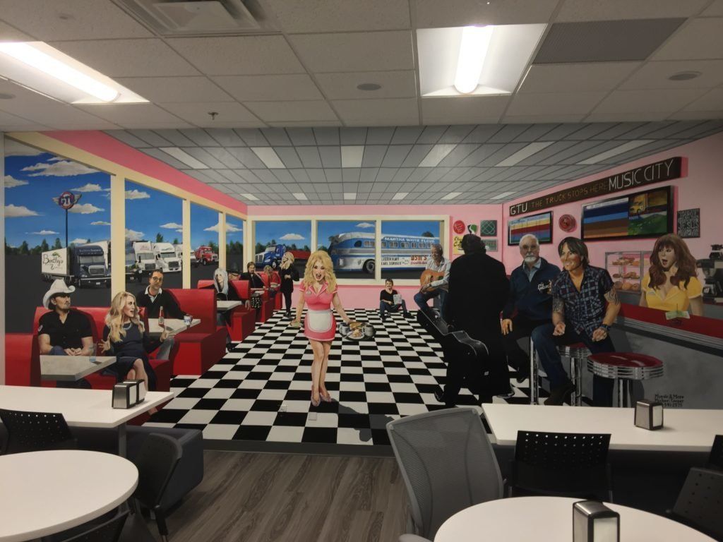 A diner with tables and chairs and a painting on the wall