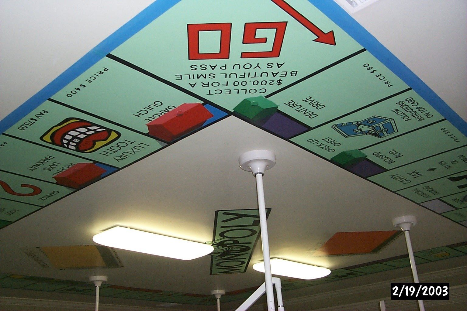 A monopoly board is painted on the ceiling of a room
