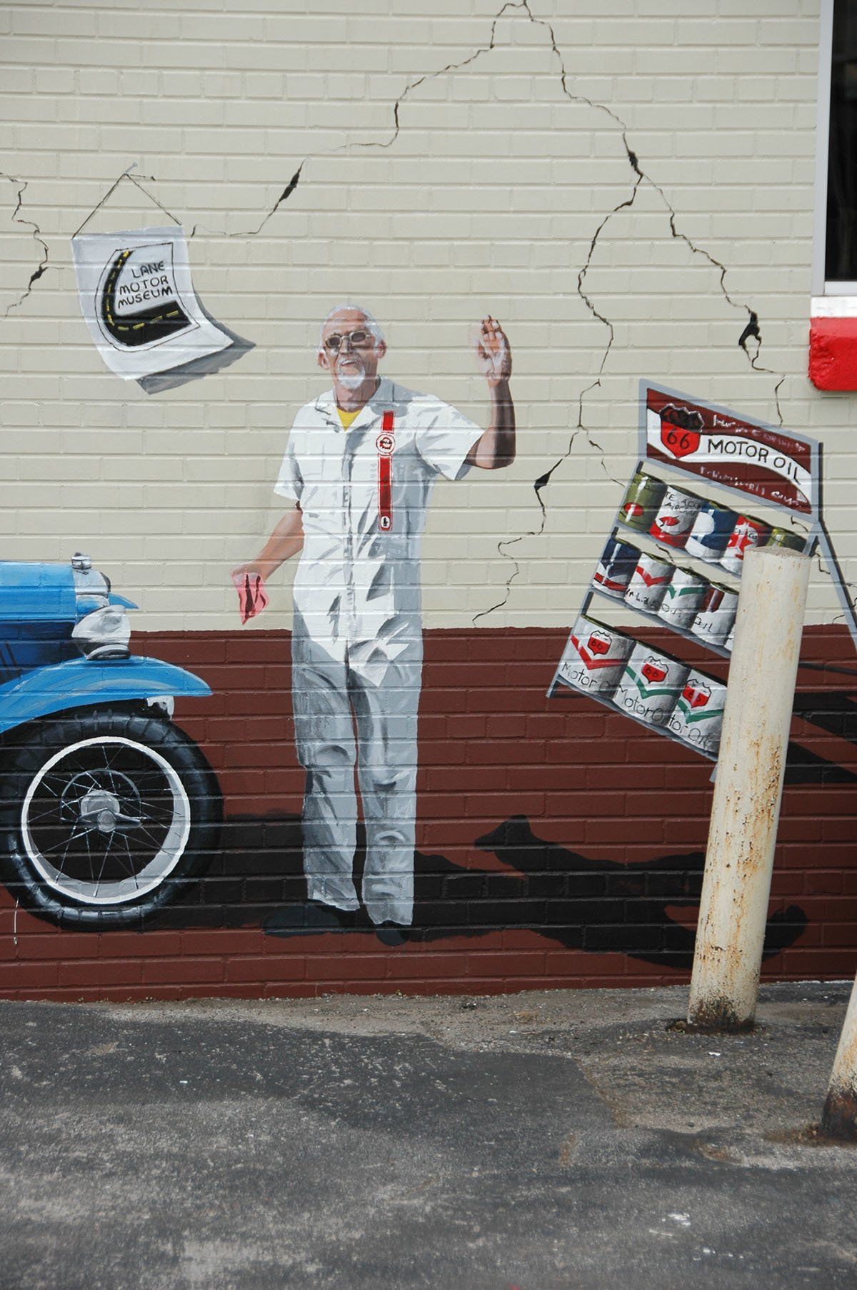 A painting of a man standing next to a blue car