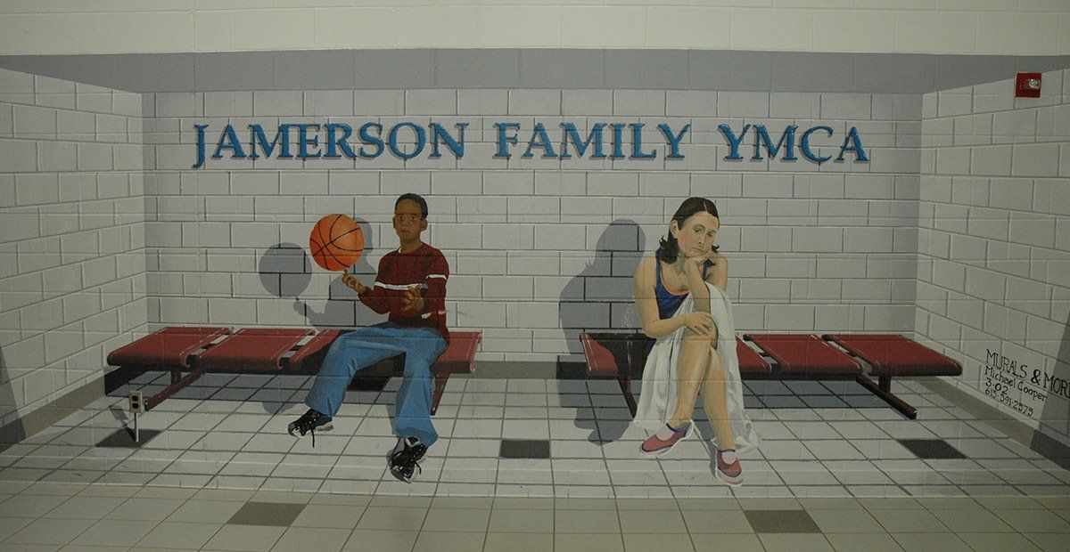 A painting of a boy holding a basketball and a girl sitting on a bench at the jameson family ymca
