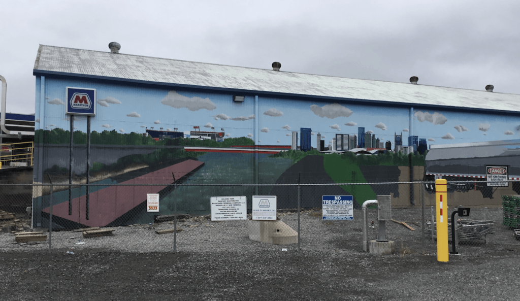 A large mural on the side of a building