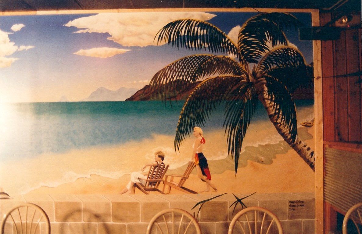 A painting of two people on a beach with palm trees