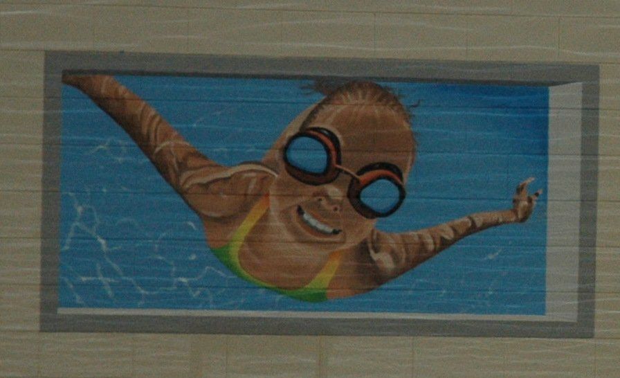 A painting of a woman swimming in a pool