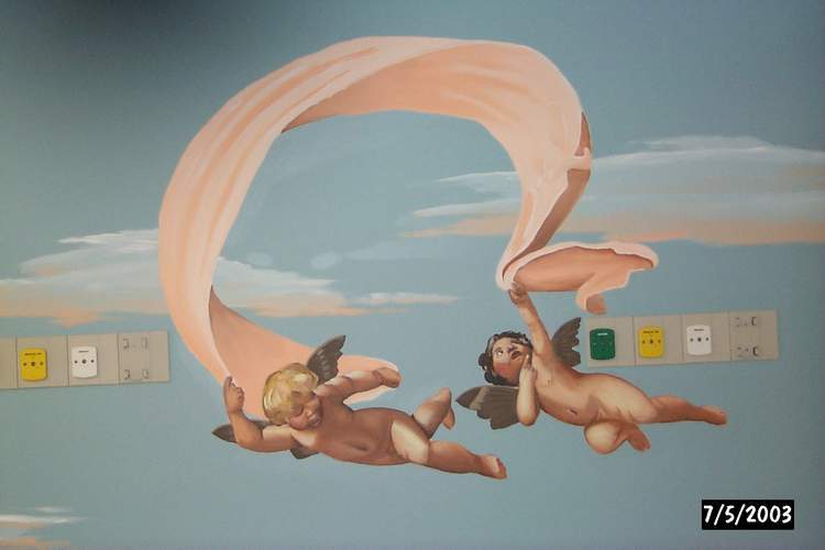 A painting of two cherubs with a date of 7/5/2008