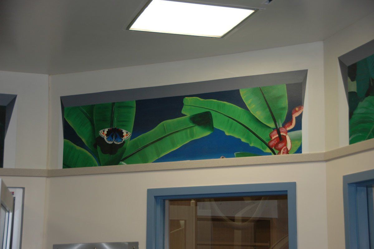 A room with a picture of a frog on the wall