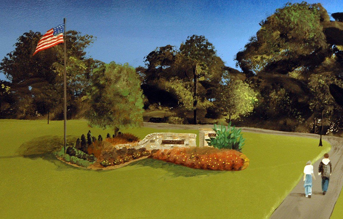 A painting of two people walking in a park with an american flag in the background
