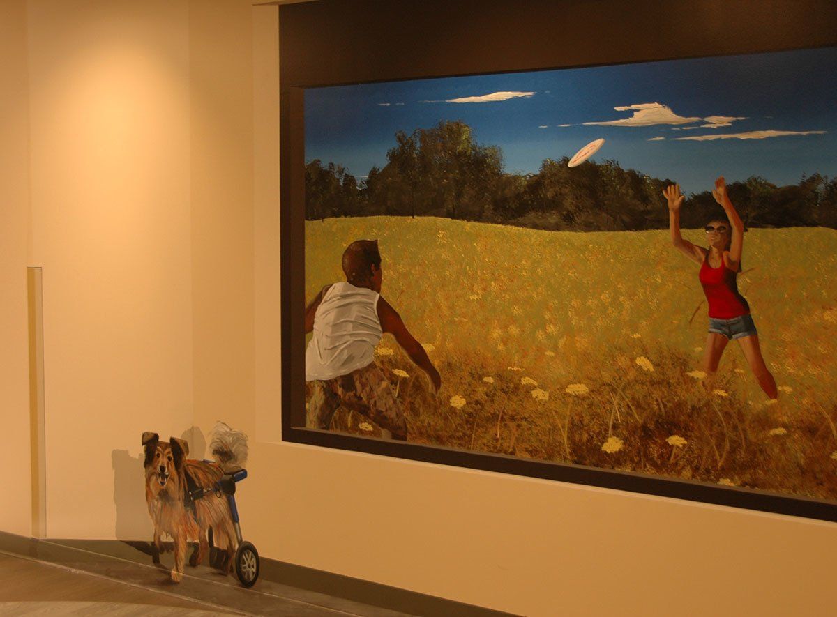 A painting of two children playing frisbee in a field