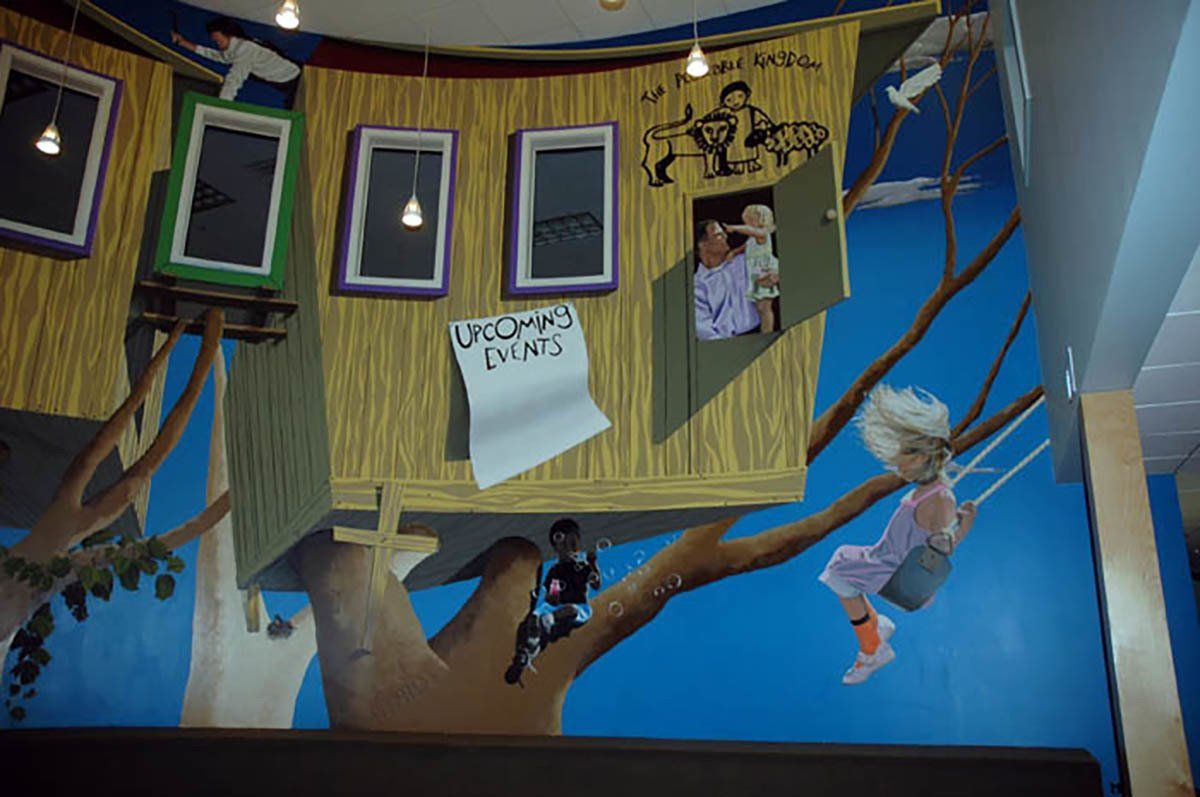 A painting of a tree house with a girl on a swing